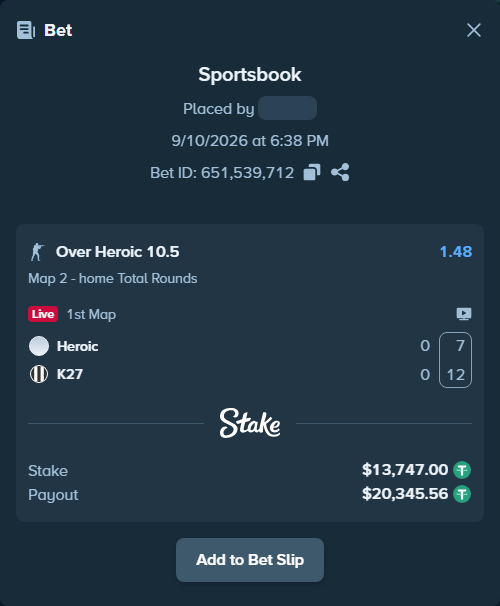 Bet slip: Heroic - K27, $13,747.00 stake at 1.48 odds, placed by RyazheniyPetuh