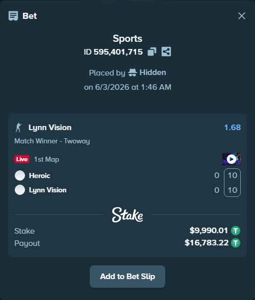 Bet slip: Heroic - Lynn Vision, $10,000.00 stake at 1.68 odds, placed by Hidden