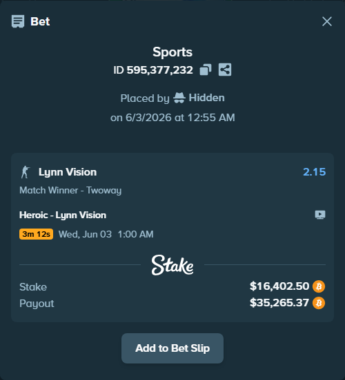 Bet slip: Heroic - Lynn Vision, $15,606.01 stake at 2.15 odds, placed by Hidden
