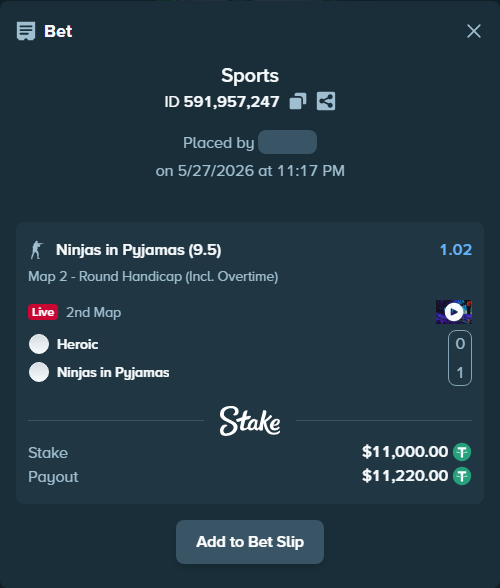 Bet slip: Heroic - Ninjas in Pyjamas, $11,022.00 stake at 1.02 odds, placed by melkim2