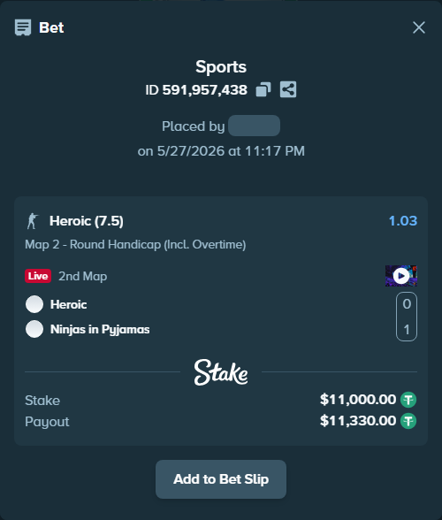 Bet slip: Heroic - Ninjas in Pyjamas, $11,022.00 stake at 1.03 odds, placed by melkim2