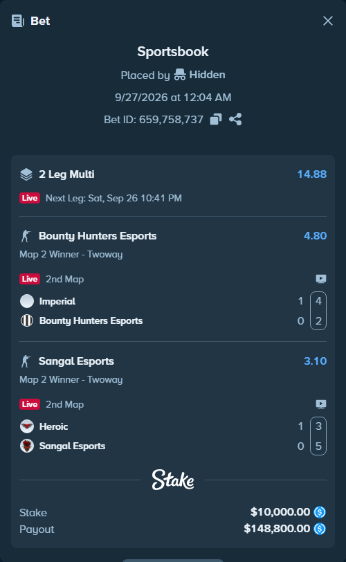 Bet slip: Heroic - Sangal Esports, $10,000.00 stake at 3.10 odds, placed by Hidden