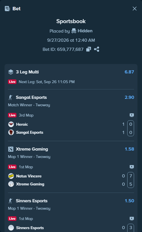 Bet slip: Heroic - Sangal Esports, $20,000.00 stake at 2.90 odds, placed by Hidden