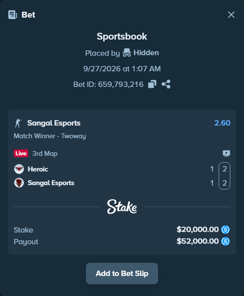 Bet slip: Heroic - Sangal Esports, $20,000.00 stake at 2.60 odds, placed by Hidden