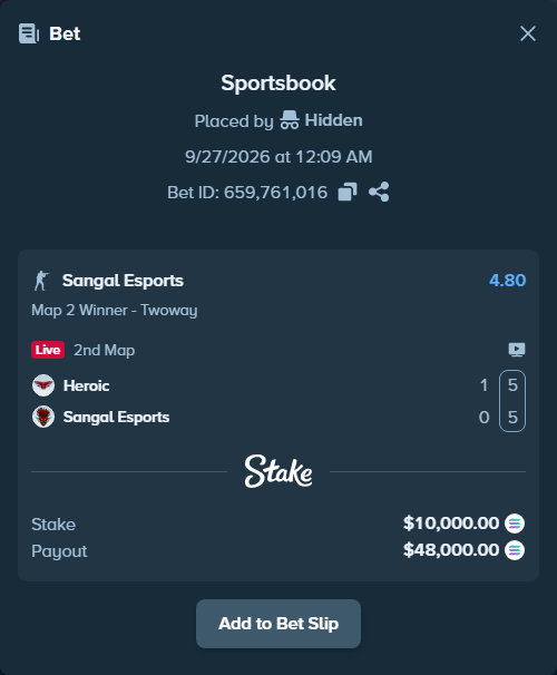 Bet slip: Heroic - Sangal Esports, $10,060.11 stake at 4.80 odds, placed by Hidden