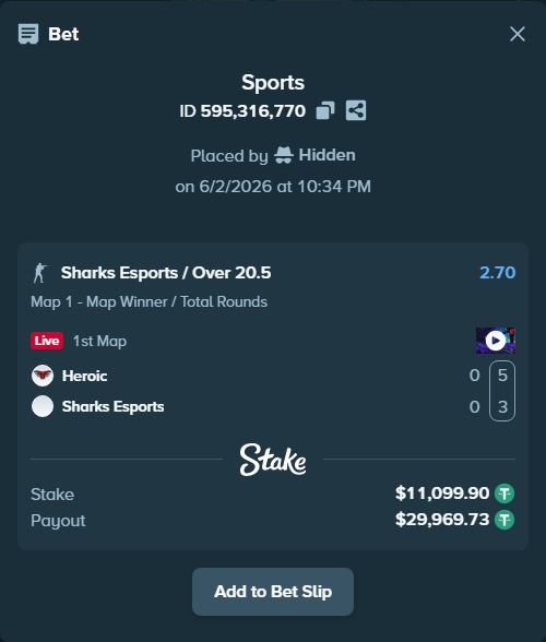 Bet slip: Heroic - Sharks Esports, $11,111.00 stake at 2.70 odds, placed by Hidden