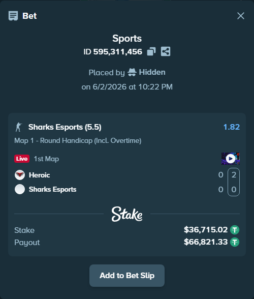 Bet slip: Heroic - Sharks Esports, $36,751.73 stake at 1.82 odds, placed by Hidden