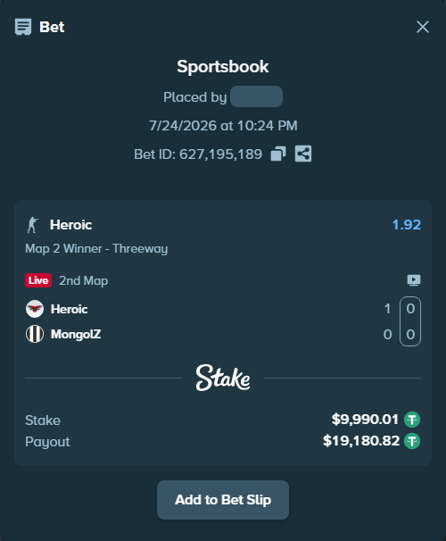 Bet slip: Heroic - The MongolZ, $10,000.00 stake at 1.92 odds, placed by saszakoncza