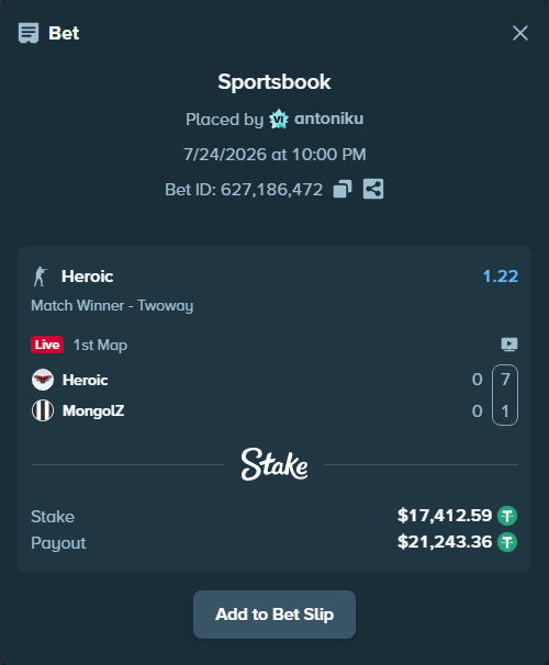 Bet slip: Heroic - The MongolZ, $17,430.00 stake at 1.22 odds, placed by antoniku