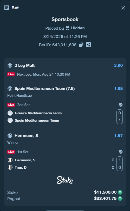 Bet slip: Herrmann, S - Tran, D, $11,500.00 stake at 1.57 odds, placed by Hidden