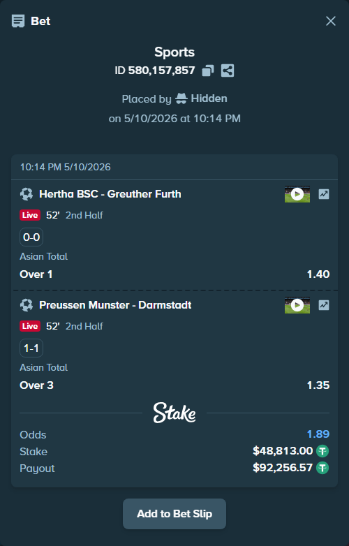 Bet slip: Hertha BSC - Greuther Furth, $48,813.00 stake at 1.40 odds, placed by Hidden
