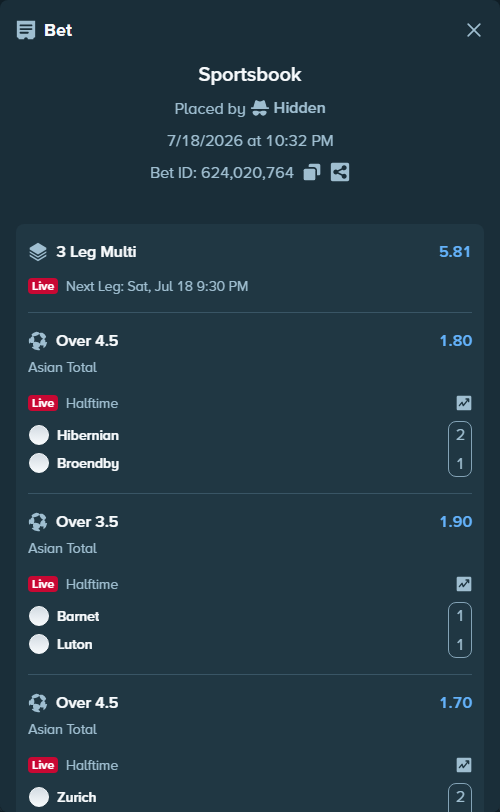 Bet slip: Hibernian - Broendby, $10,000.00 stake at 1.80 odds, placed by Hidden