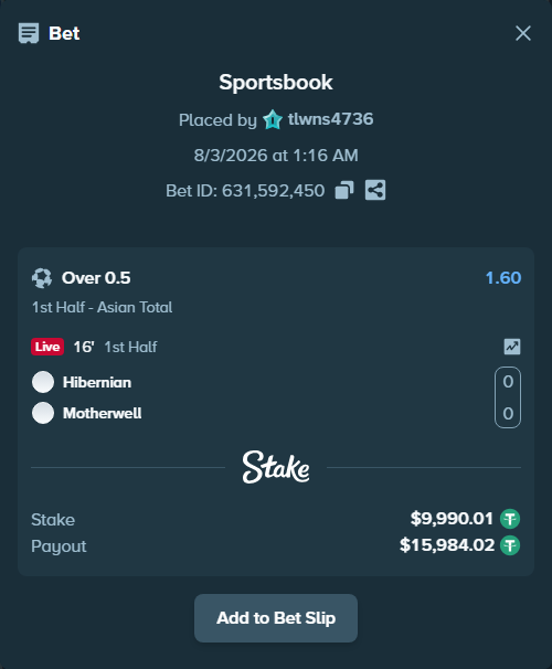 Bet slip: Hibernian - Motherwell, $10,000.00 stake at 1.60 odds, placed by tlwns4736