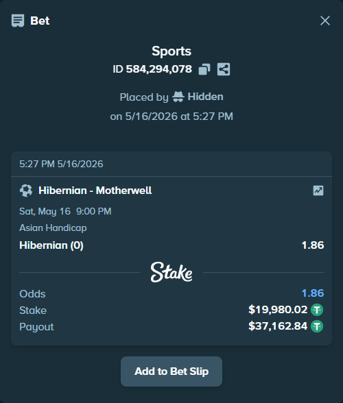 Bet slip: Hibernian - Motherwell, $20,000.00 stake at 1.86 odds, placed by Hidden