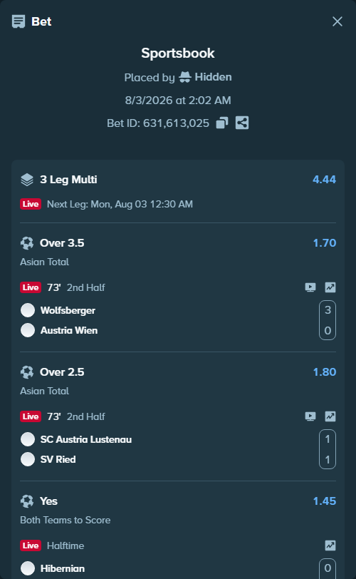 Bet slip: Hibernian - Motherwell, $40,040.00 stake at 1.45 odds, placed by Hidden