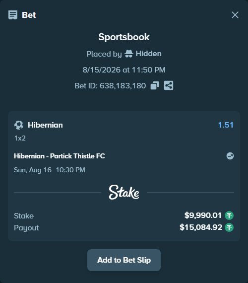 Bet slip: Hibernian - Partick Thistle FC, $10,000.00 stake at 1.51 odds, placed by Hidden