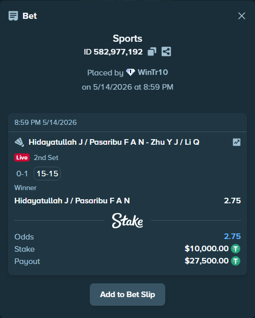 Bet slip: Hidayatullah J / Pasaribu F A N - Zhu Y J / Li Q, $10,000.00 stake at 2.75 odds, placed by WinTr10