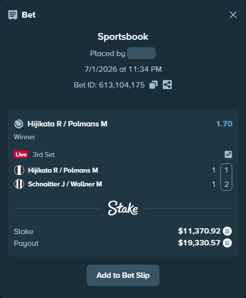 Bet slip: Hijikata R / Polmans M - Schnaitter J / Wallner M, $12,358.43 stake at 1.70 odds, placed by Prettylfacko98