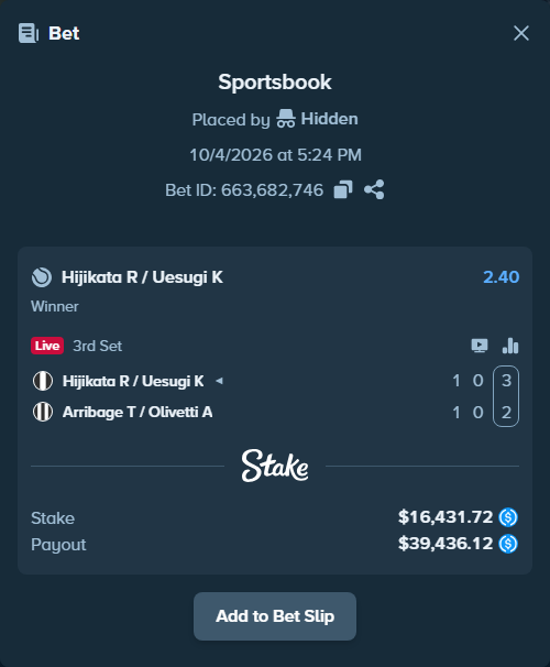 Bet slip: Hijikata R / Uesugi K - Arribage T / Olivetti A, $16,431.72 stake at 2.40 odds, placed by Hidden