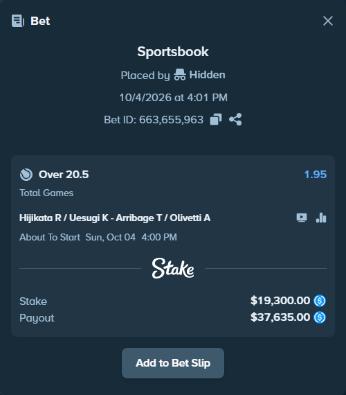 Bet slip: Hijikata R / Uesugi K - Arribage T / Olivetti A, $19,300.00 stake at 1.95 odds, placed by Hidden
