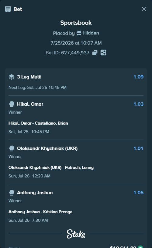 Bet slip: Hikal, Omar - Castellano, Brian, $10,622.50 stake at 1.03 odds, placed by Hidden