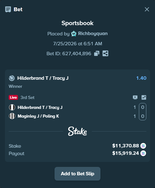 Bet slip: Hilderbrand T / Tracy J - Maginley J / Poling K, $11,237.98 stake at 1.40 odds, placed by Richboyquan