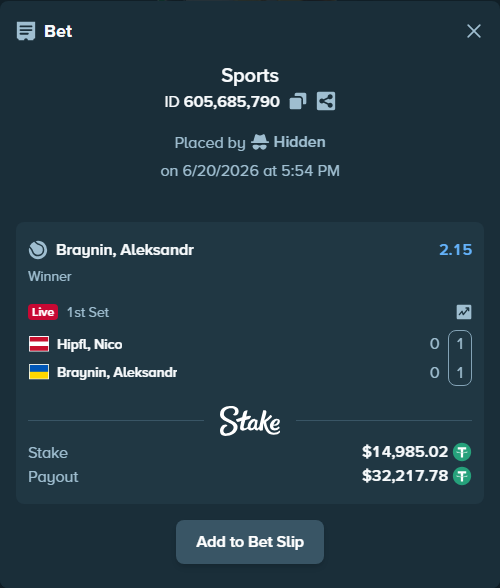 Bet slip: Hipfl, Nico - Braynin, Aleksandr, $15,000.00 stake at 2.15 odds, placed by Hidden