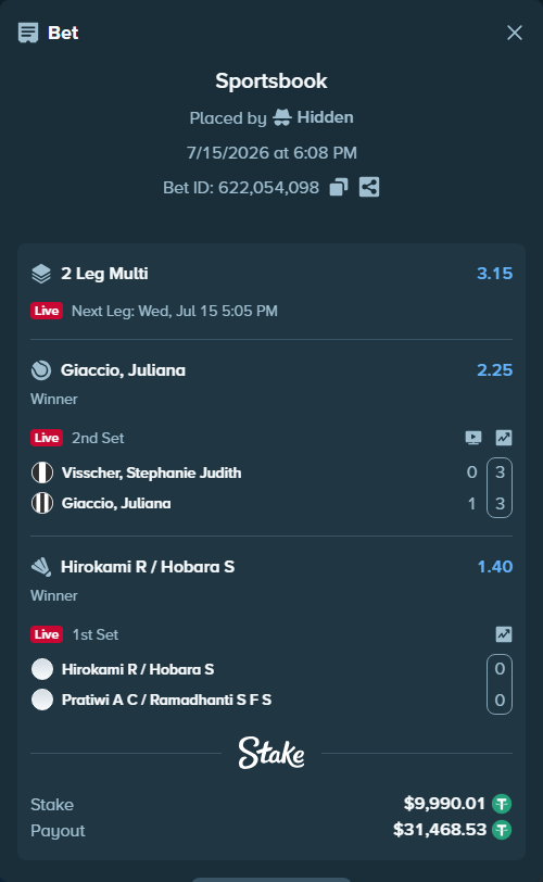 Bet slip: Hirokami R / Hobara S - Pratiwi A C / Ramadhanti S F S, $10,000.00 stake at 1.40 odds, placed by Hidden