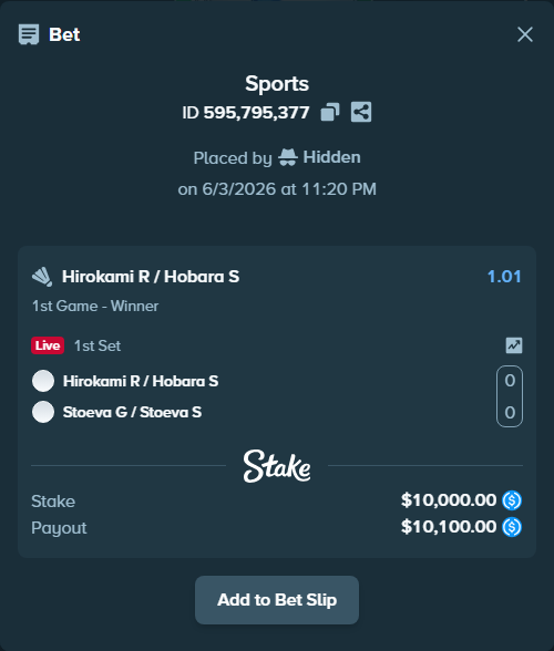 Bet slip: Hirokami R / Hobara S - Stoeva G / Stoeva S, $10,000.00 stake at 1.01 odds, placed by Hidden