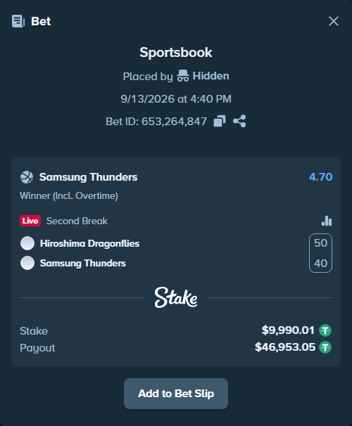 Bet slip: Hiroshima Dragonflies - Samsung Thunders, $10,000.00 stake at 4.70 odds, placed by Hidden