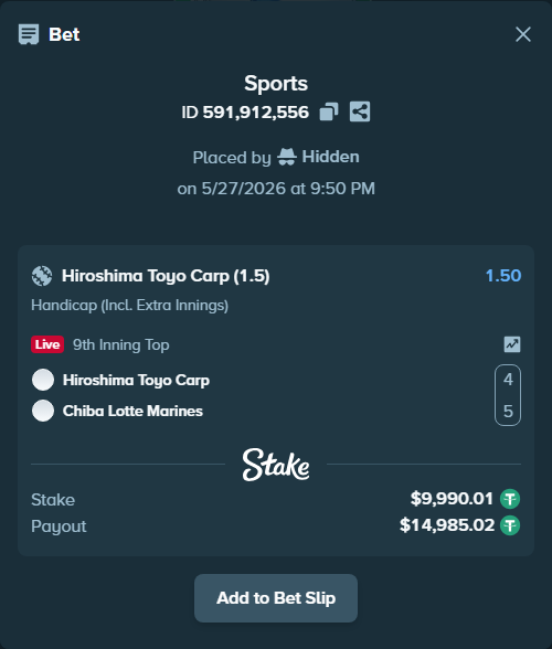 Bet slip: Hiroshima Toyo Carp - Chiba Lotte Marines, $10,000.00 stake at 1.50 odds, placed by Hidden