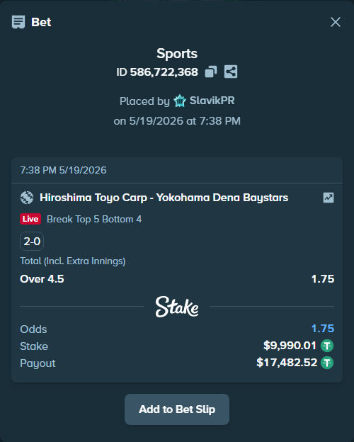 Bet slip: Hiroshima Toyo Carp - Yokohama Dena Baystars, $10,000.00 stake at 1.75 odds, placed by SlavikPR
