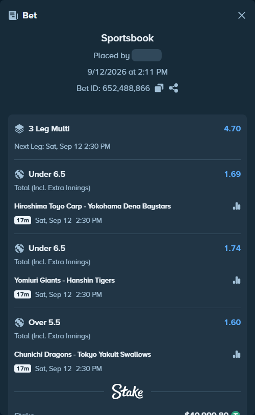 Bet slip: Hiroshima Toyo Carp - Yokohama Dena Baystars, $40,999.80 stake at 1.69 odds, placed by 손오천