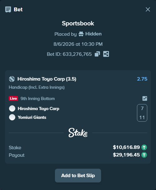Bet slip: Hiroshima Toyo Carp - Yomiuri Giants, $10,627.51 stake at 2.75 odds, placed by Hidden