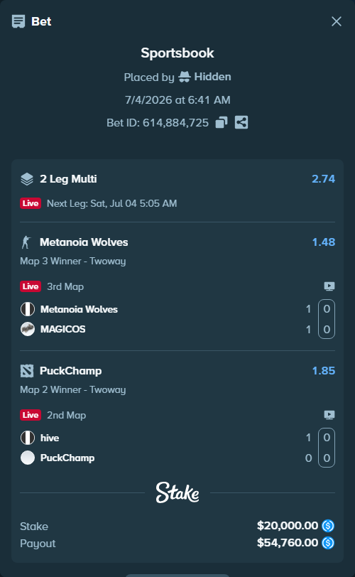 Bet slip: Hive - PuckChamp, $20,000.00 stake at 1.85 odds, placed by Hidden