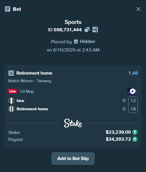 Bet slip: hive - Retirement home, $23,262.24 stake at 1.48 odds, placed by Hidden