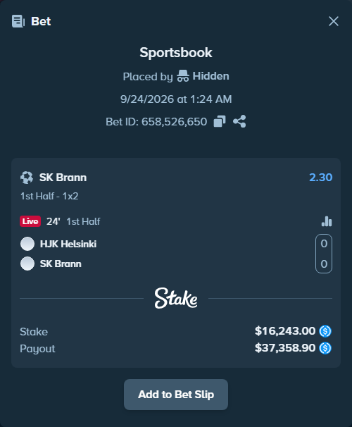 Bet slip: HJK Helsinki - SK Brann, $16,243.00 stake at 2.30 odds, placed by Hidden