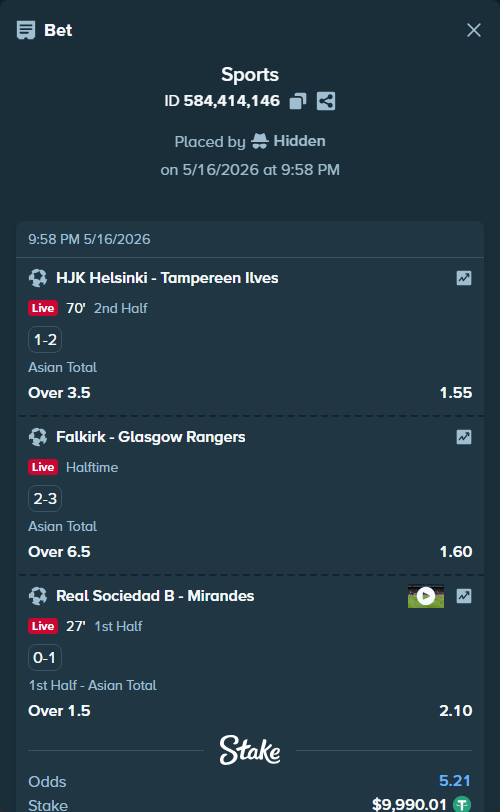 Bet slip: HJK Helsinki - Tampereen Ilves, $10,000.00 stake at 1.55 odds, placed by Hidden