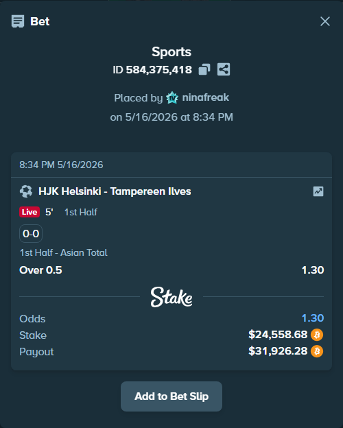 Bet slip: HJK Helsinki - Tampereen Ilves, $20,224.55 stake at 1.30 odds, placed by ninafreak
