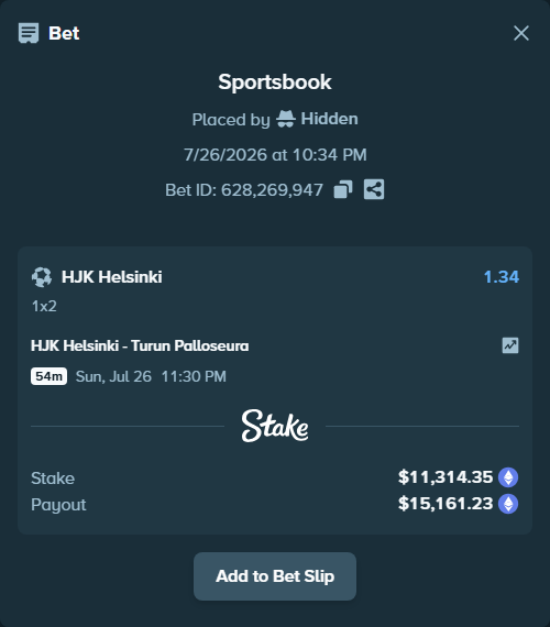 Bet slip: HJK Helsinki - Turun Palloseura, $11,414.94 stake at 1.34 odds, placed by Hidden
