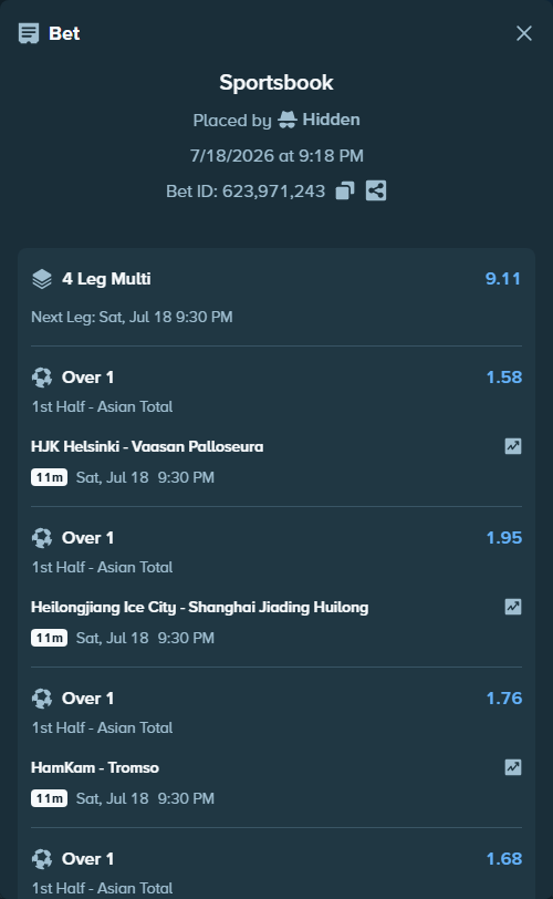 Bet slip: HJK Helsinki - Vaasan Palloseura, $10,000.00 stake at 1.58 odds, placed by Hidden