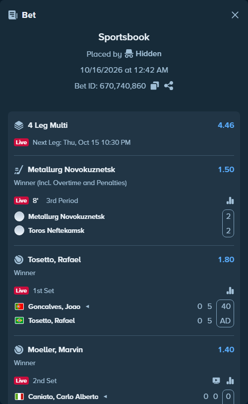 Bet slip: HK Arlan Kokschetau - Saryarka Karaganda, $30,000.00 stake at 1.18 odds, placed by Hidden