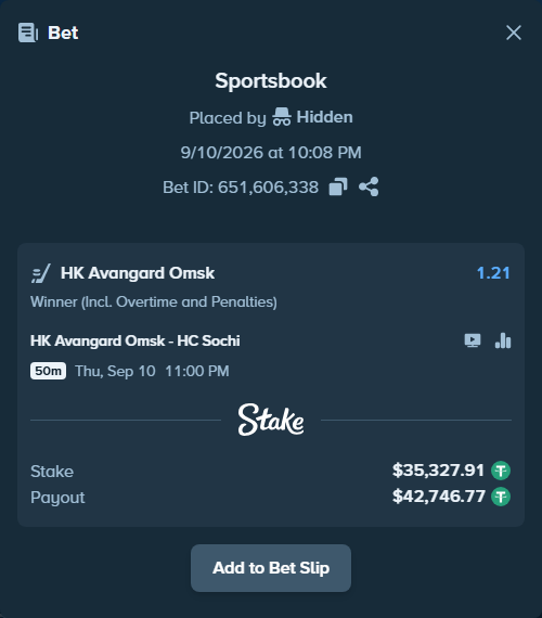 Bet slip: HK Avangard Omsk - HC Sochi, $35,327.91 stake at 1.21 odds, placed by Hidden