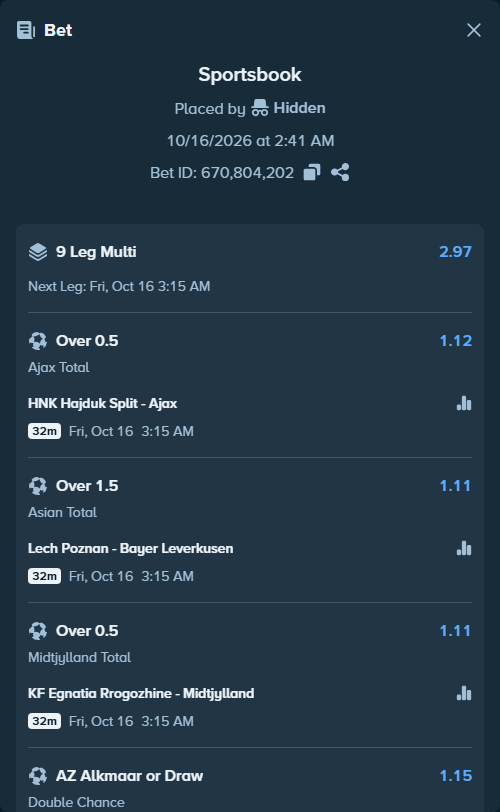Bet slip: HNK Hajduk Split - Ajax, $14,999.00 stake at 1.12 odds, placed by SH7N28