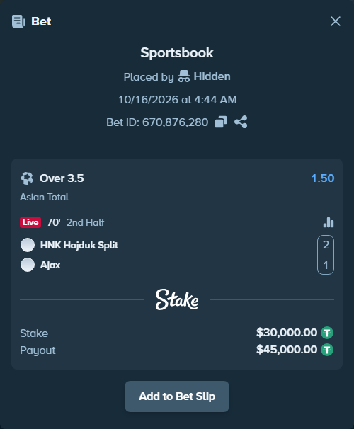 Bet slip: HNK Hajduk Split - Ajax, $30,030.00 stake at 1.50 odds, placed by haroldfinchh