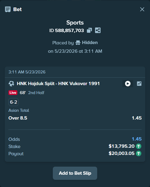 Bet slip: HNK Hajduk Split - HNK Vukovar 1991, $13,809.00 stake at 1.45 odds, placed by Hidden