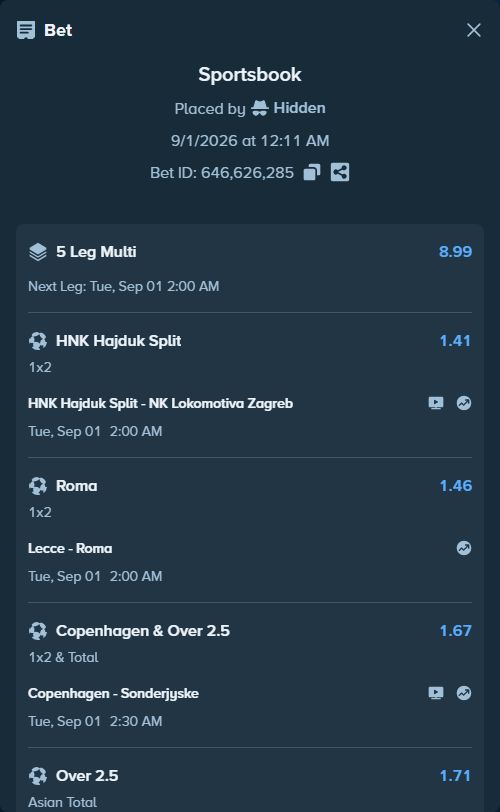 Bet slip: HNK Hajduk Split - NK Lokomotiva Zagreb, $11,000.00 stake at 1.41 odds, placed by Hidden