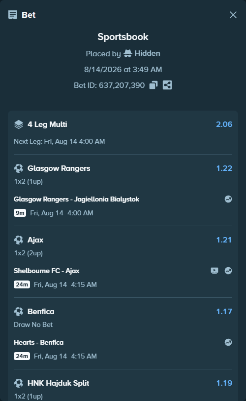Bet slip: HNK Hajduk Split - Vilnius FK Zalgiris, $10,000.00 stake at 1.19 odds, placed by Hidden