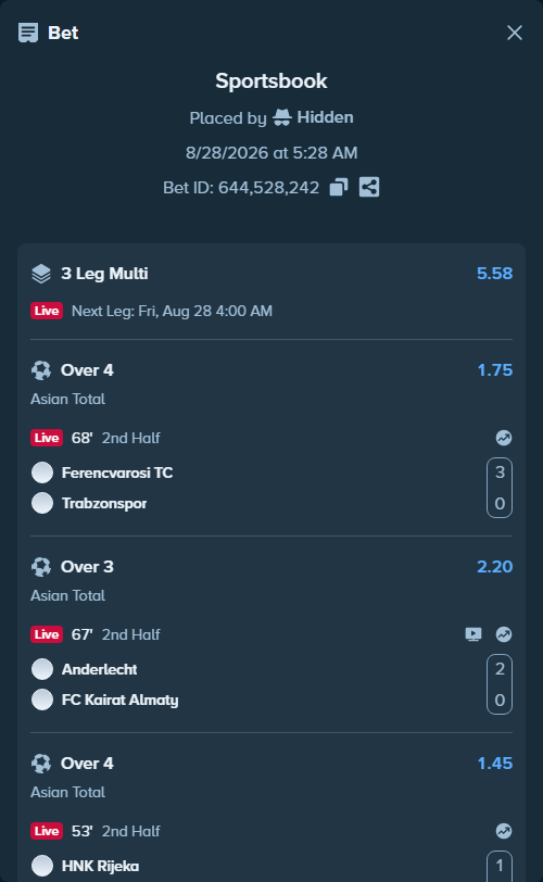 Bet slip: HNK Rijeka - Midtjylland, $24,850.00 stake at 1.45 odds, placed by Hidden
