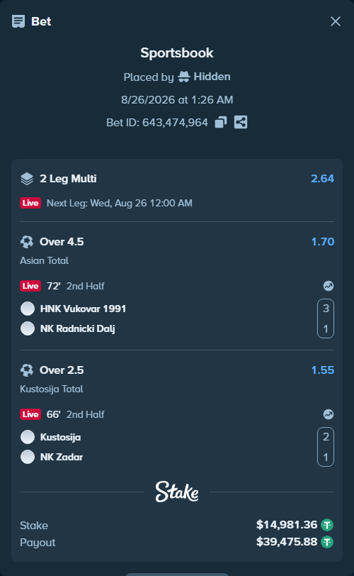 Bet slip: HNK Vukovar 1991 - NK Radnicki Dalj, $14,981.36 stake at 1.70 odds, placed by Hidden